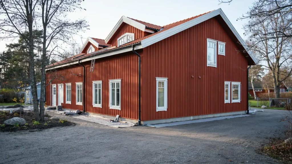 utv ndig m lning av enplanshus med f nster och d rrar i vendels